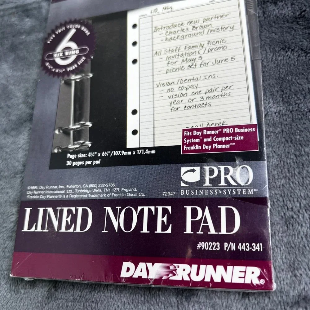 Day Runner Lined Note Pad Pro Business System 6 Ring Page Size 4.25x6.75 NIP